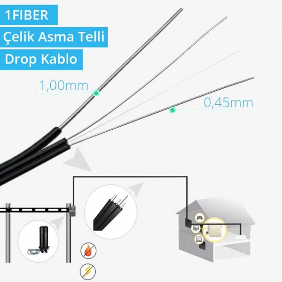 Çelik Asma Telli Fiber Optik Drop Kablo 1 Fiber - 1000 metre