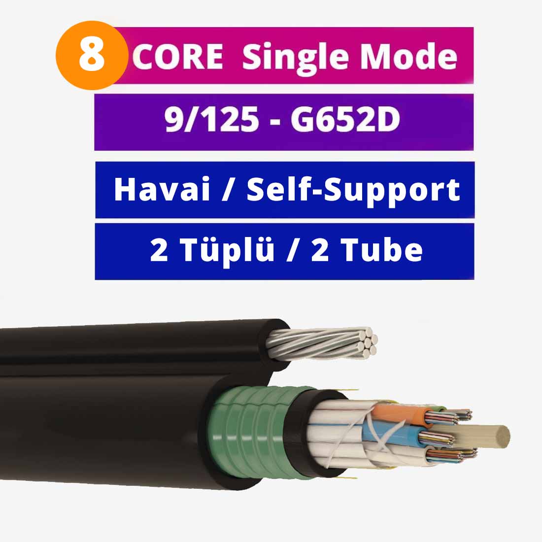 8 Core Çift Zırhlı Askı Telli 2 Tüplü Fiber Optik Kablo Single