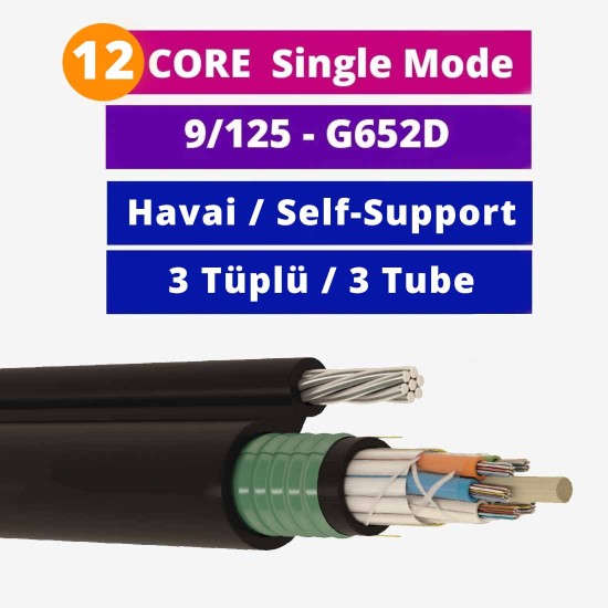 12 Core Çift Zırhlı Askı Telli 3 Tüplü Fiber Optik Kablo Single Mode - HDPE